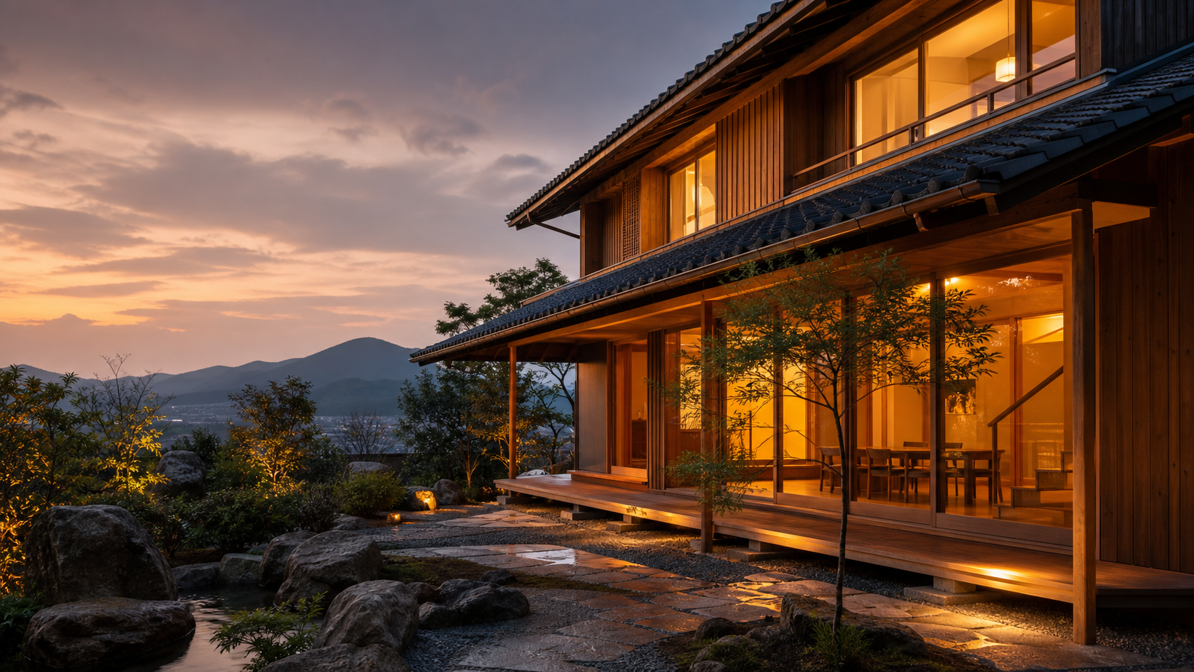 夕暮れの里山に建つ木の家