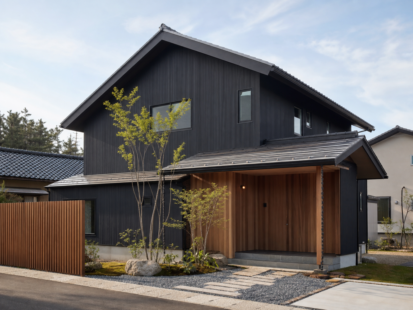黒い板張りと木の玄関が印象的な二階建て