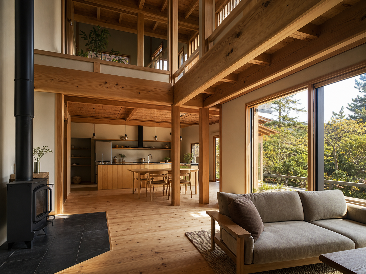 吹き抜けと薪ストーブがある木の住まい